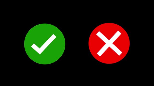 Animated green checkmark and red x cross symbols for ui feedback and decision making