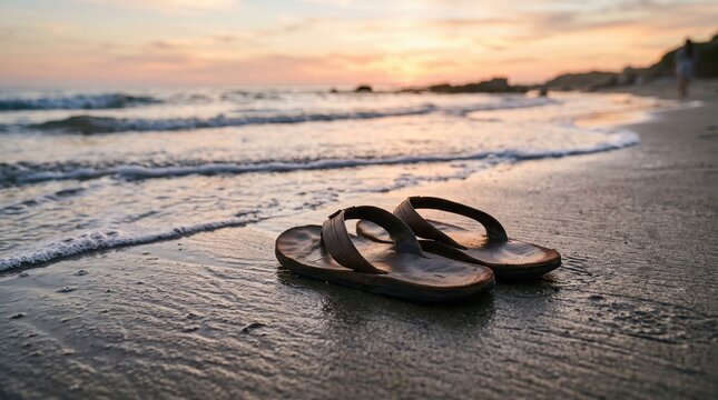 Beach sandals near glowing waterline