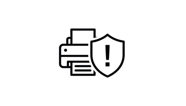 Office printer icon next to secure shield with exclamation mark, representing device safety, network protection, and errors.