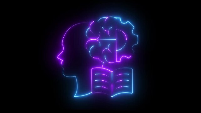 Neon human head with brain gear and open book for artificial intelligence and education concepts