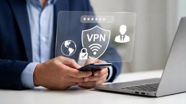 Virtual Private Network (VPN) technology concept showing a businessman securing his mobile internet connection on a smartphone, illustrating encrypted web access, cybersecurity protection, and safe gl