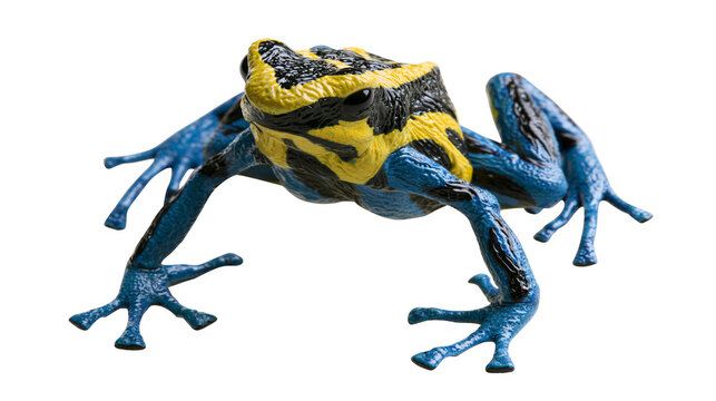 Blue and yellow poison dart frog with black stripes