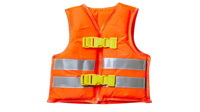 Orange life vest with yellow buckles and reflective stripes