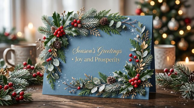 Handwritten festive holiday greeting card with seasonal decorations. Personalized winter message on rustic wooden background with pine branches and...