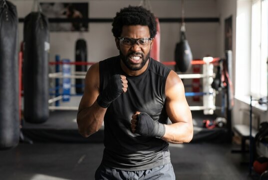 Male athlete showing determination and focus during a strenuous fitness workout in a boxing ring