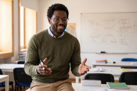 Happy black male professor explaining topic, interacting with students in an academic setting