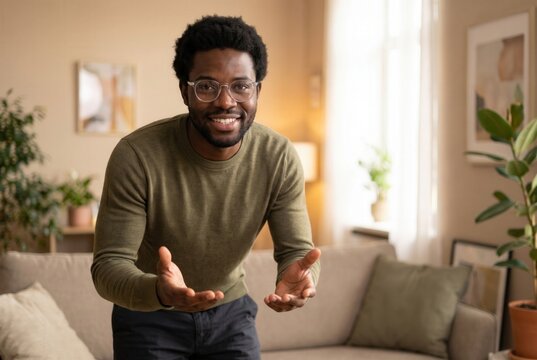 Happy african american man inviting into his cozy living room with open arms