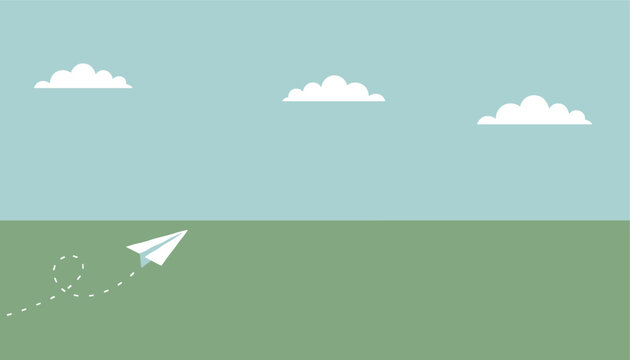 Paper plane flying in blue sky with white clouds over green ground, representing travel, ideas, and dream startup.