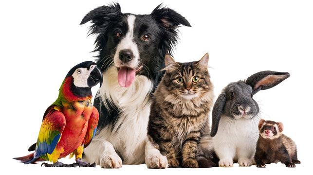 Group of domestic animals including parrot dog cat rabbit, and ferret