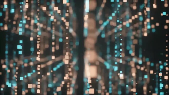 Abstract digital data stream with glowing blue and gold particles forming a futuristic network grid in a dark cyber space