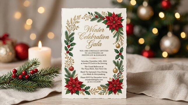Christmas invitation card with floral frame. Winter holiday event flyer with festive decor.