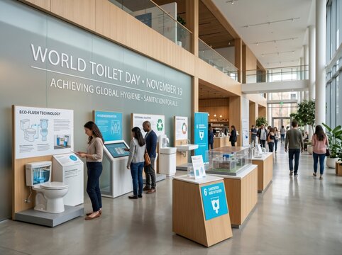 Exhibition hall with educational displays. People exploring interactive science museum exhibits.