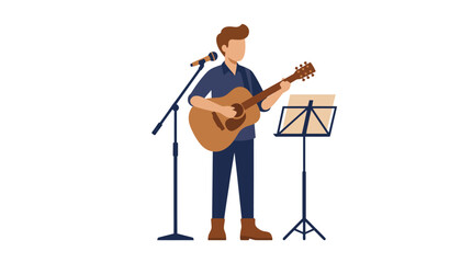 Fototapeta premium A male musician playing an acoustic guitar while singing into a microphone on a stand with sheet music.