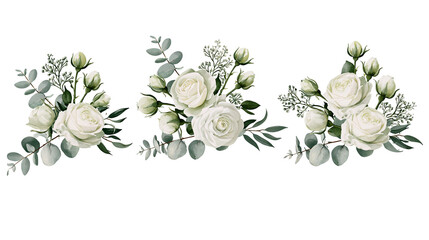 White roses and eucalyptus floral arrangements © Isadora