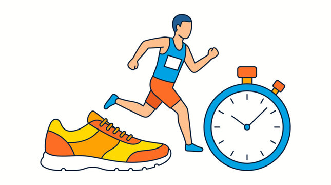 Illustration of a runner in motion with a stopwatch and a running shoe, symbolizing sports and fitness.