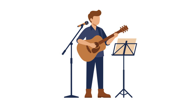 A male musician playing an acoustic guitar while singing into a microphone on a stand with sheet music.