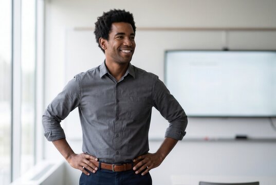 African american businessman standing with hands on hips, expressing confidence and success