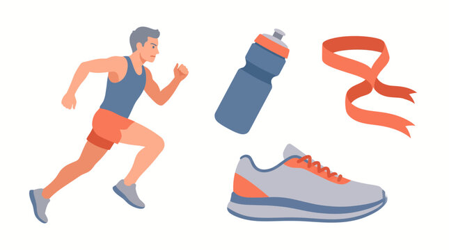 A man running with sports equipment including a water bottle, a running shoe, and a finish line ribbon, depicting a healthy and active lifestyle.