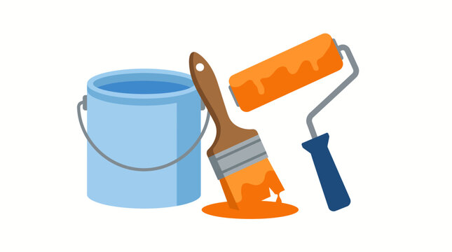 A light blue paint can with blue liquid, a paintbrush with orange paint, and a paint roller with orange paint, ready for home renovation.