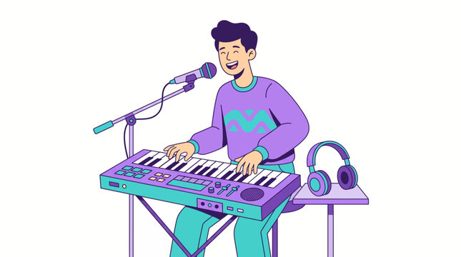 An illustration of a young man happily playing a musical keyboard and singing into a microphone, with headphones resting on a nearby stand, depicting a hobby or music production.
