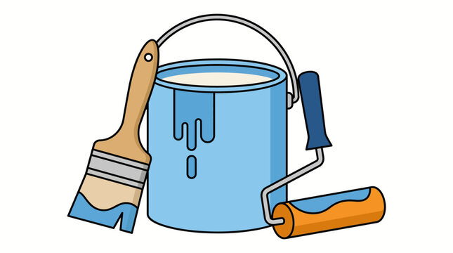 Illustration of a light blue paint can with white paint dripping, accompanied by a paintbrush and a paint roller, ready for home improvement or art projects.