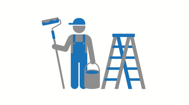 A stylized icon depicting a painter holding a roller and a paint bucket, with a stepladder nearby, representing home improvement and renovation services.