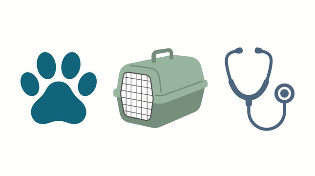 Icons representing pet care, animal health, and veterinary services with a paw print, carrier, and stethoscope on a white background.