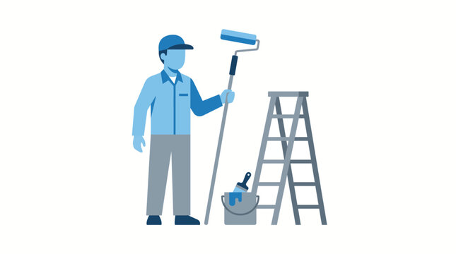 Illustration of a painter holding a roller next to a ladder and paint bucket, ready for home renovation work.