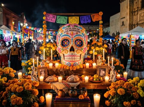 Day of the Dead altar with sugar skull. Traditional Mexican celebration with candles and flowers.