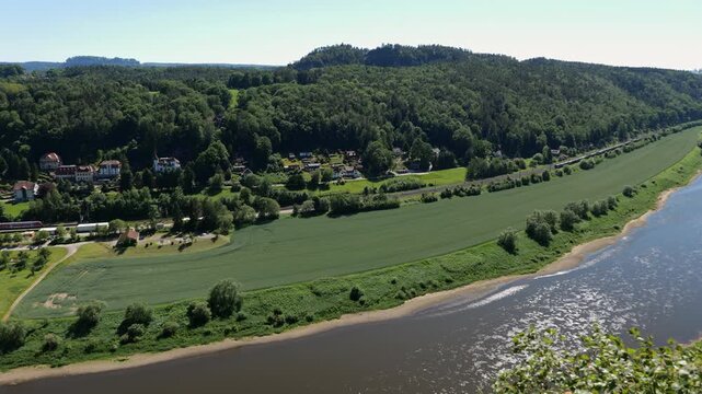 Elbe River landscape and Kurort Rathen in Saxon Switzerland National Park in Saxony, Germany.