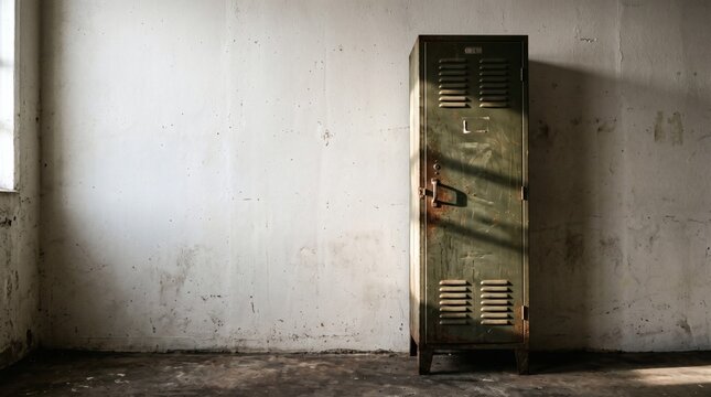 A solitary, old, green metal locker stands against a textured white wall in a dimly lit, empty room with a concrete floor and natural light from a window.