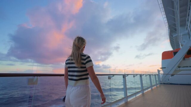 Woman in striped shirt stands on cruise liner deck in Caribbean Sea at sunset. Her hair blows in ocean breeze as pink and purple clouds fill the dramatic sky above calm waters.