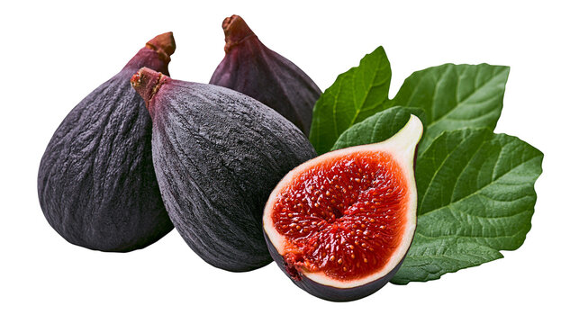 Dark purple figs with green leaves, one fig cut in half showing red pulp