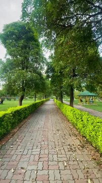 Vertical Walking Through a Green Park Pathway with Lush Trees and Landscaped Garden &ndash; Peaceful Nature Walk on Brick Track, Scenic Outdoor Environment and Fresh Greenery
