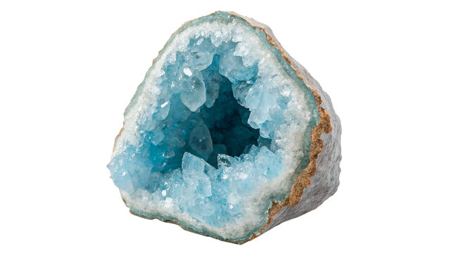 Polished round light blue natural crystal geode mineral specimen isolated on transparent background