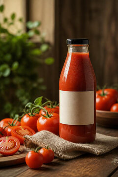 Homemade tomato juice in a glass bottle surrounded by fresh tomatoes