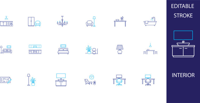 Interior furniture and home layout editable stroke icon set with minimalist room and lighting symbols.