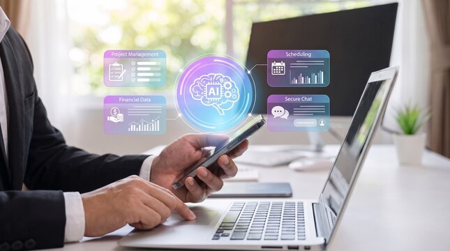 ai-powered business automation concept showing professional using mobile and laptop to manage financial data, project workflows, and secure scheduling with virtual assistant interface

