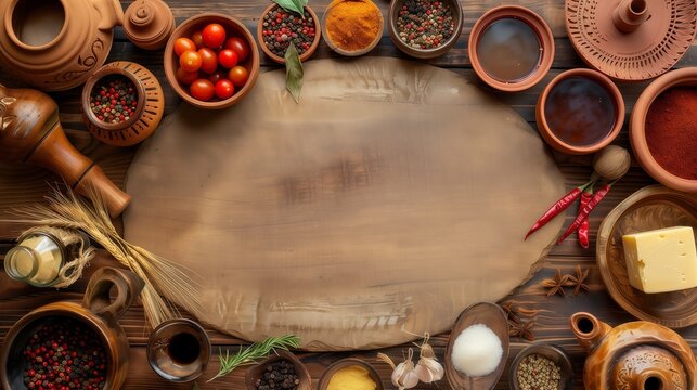 Wooden Kitchen Counter Flat Lay with Artisan Spices, Tomatoes, Cheese and Empty Copy Space