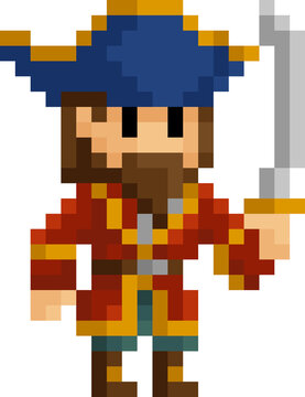A pirate captain fantasy cartoon character in a video game sprite pixel art style.  20 squares wide by 26 high