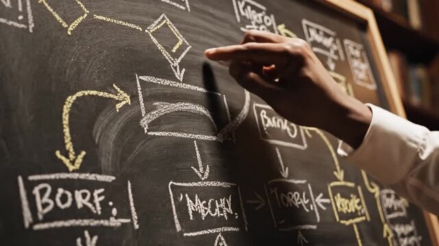 A hand points to a complex flowchart on a blackboard