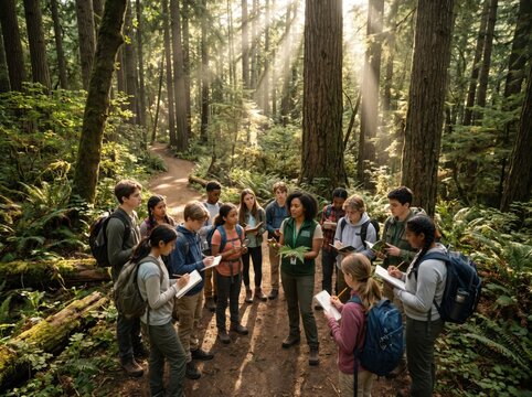 Students hiking in forest. Diverse group of teenagers exploring nature with a teacher.