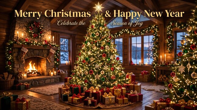 Christmas tree in cozy living room. Festive holiday interior with fireplace and gifts.