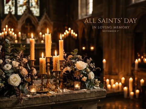 Candles burning in a church. Memorial service with flowers and warm glowing light.