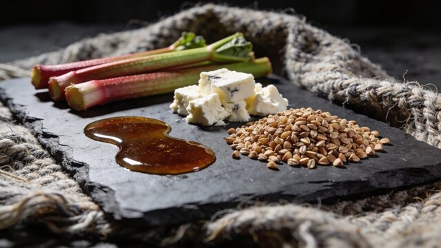 Rhubarb stalks, cheese curds, buckwheat, and honey on dark slate