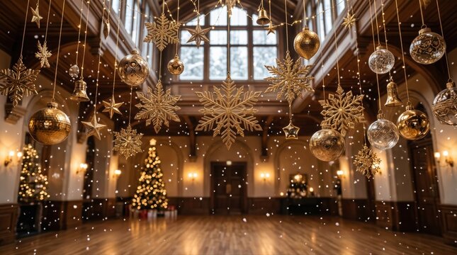Christmas decorations in a grand hall. Festive golden ornaments hanging in luxury interior.