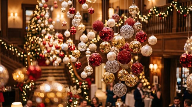 Christmas ornaments hanging in luxury hotel lobby. Festive holiday decor in grand hall.