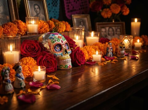Day of the Dead altar with sugar skull. Traditional Mexican memorial with candles and flowers.