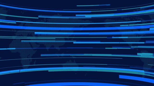 Abstract digital news background featuring a blue world map with dynamic horizontal motion lines and futuristic broadcast graphics. Perfect for television news