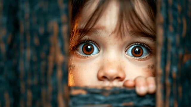Young child with big brown eyes and a dirty face looks through a wooden fence with a scared yet curious expression, playing hide and seek and discovering the world with great surprise